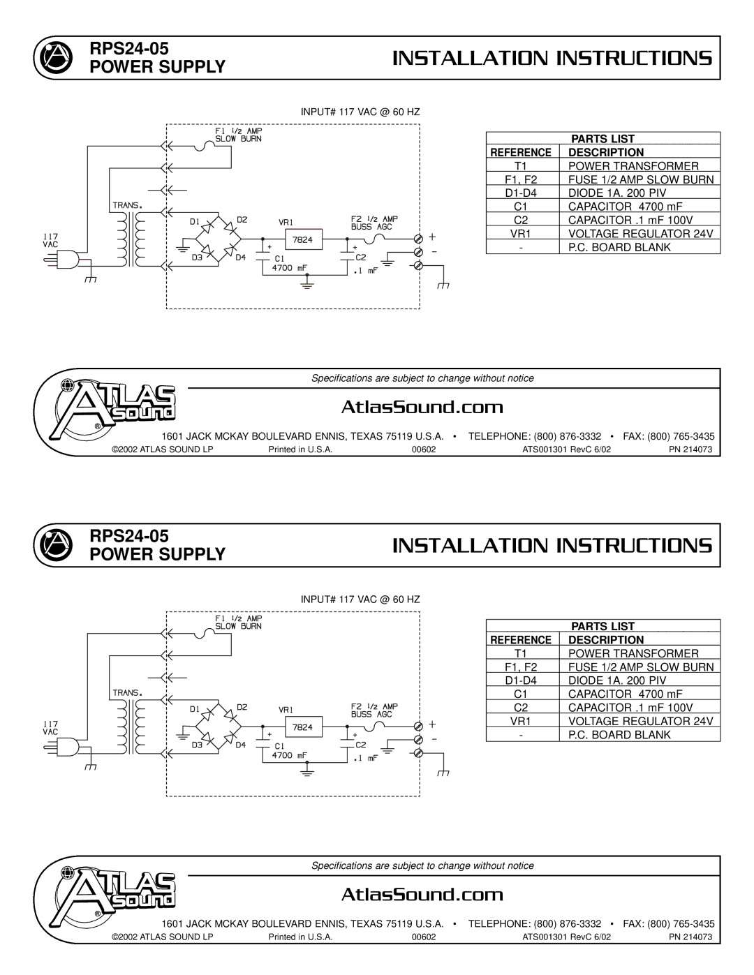 Atlas Sound RPS24-05 installation instructions Installation Instructions, AtlasSound.com, Parts List 