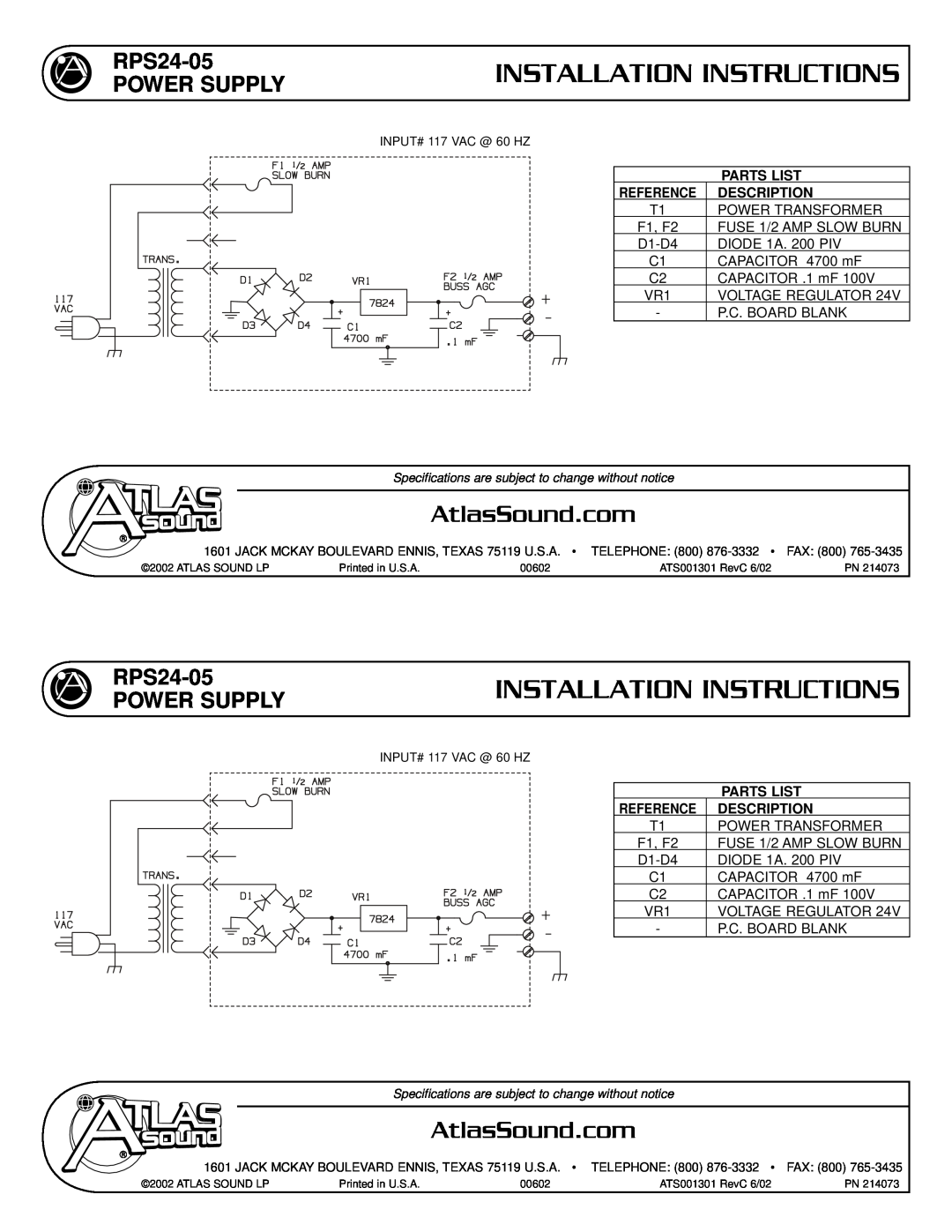 Atlas Sound installation instructions Installation Instructions, AtlasSound.com, RPS24-05 POWER SUPPLY, Parts List 