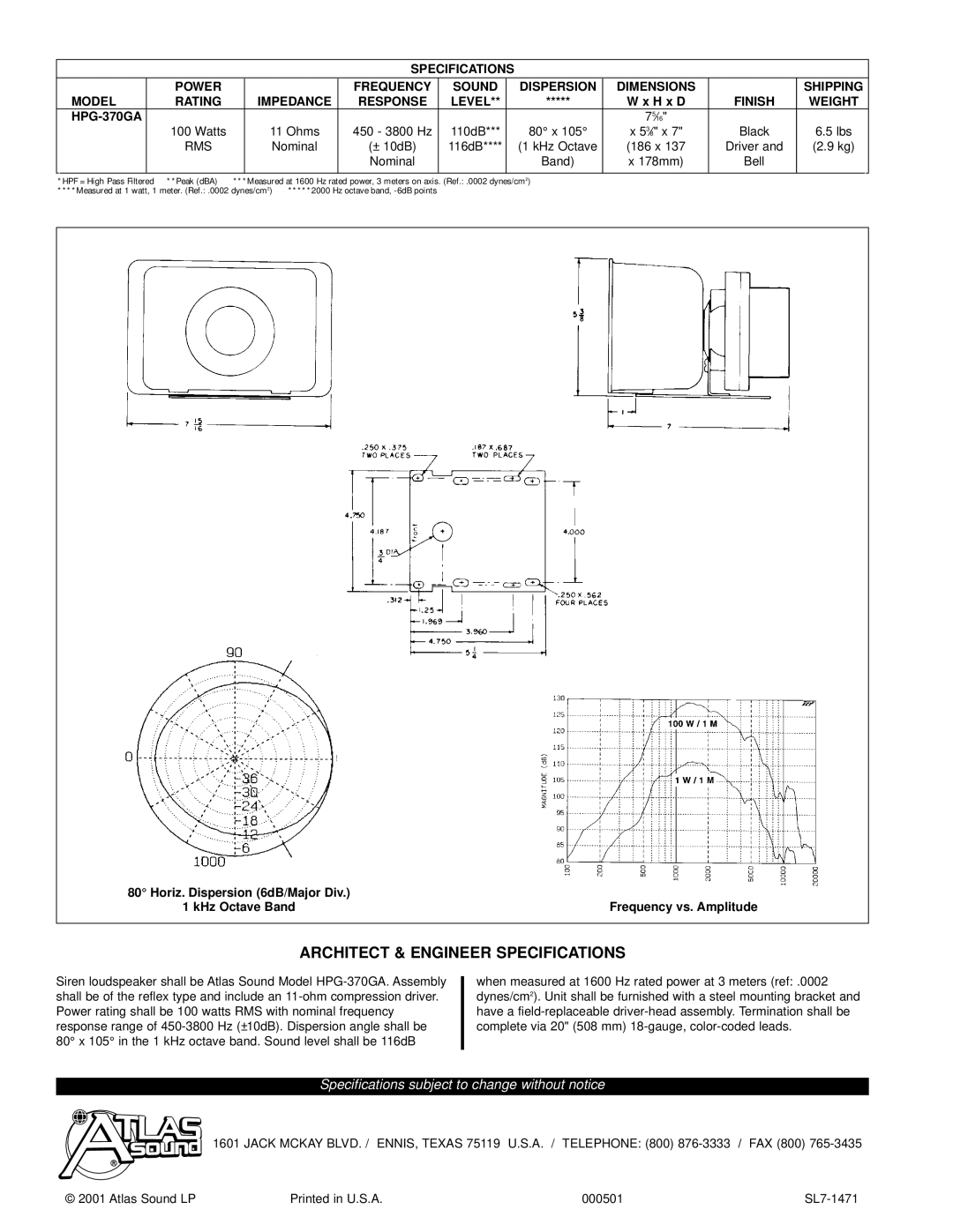 Atlas Sound SD-370A, K-370 specifications Architect & Engineer Specifications, Finish Weight HPG-370GA, Rms 