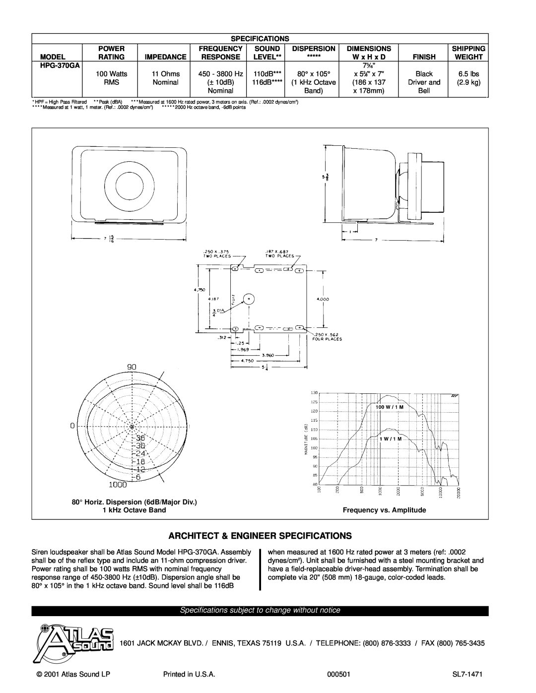 Atlas Sound HPG-370GA, SD-370A, K-370 Architect & Engineer Specifications, Specifications subject to change without notice 