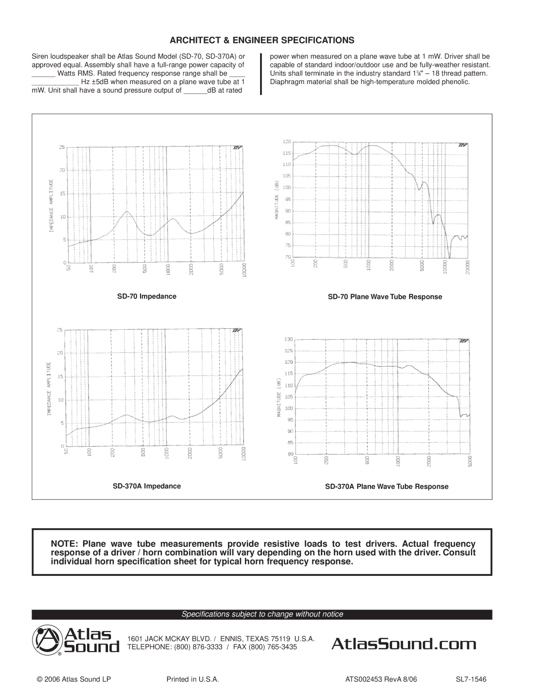 Atlas Sound SD-370A specifications Architect & Engineer Specifications 