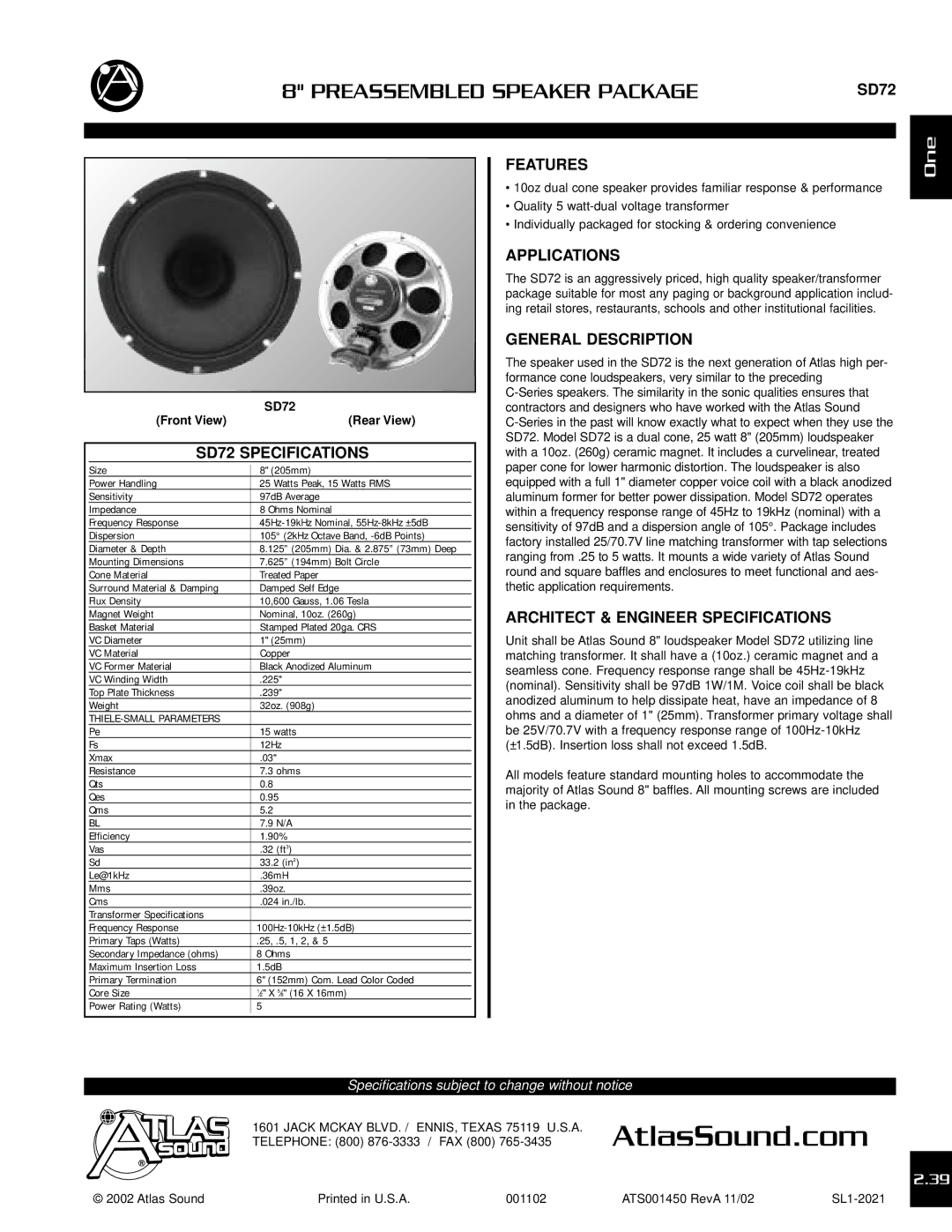 Atlas Sound specifications SD72 Specifications, Features, Applications, General Description 