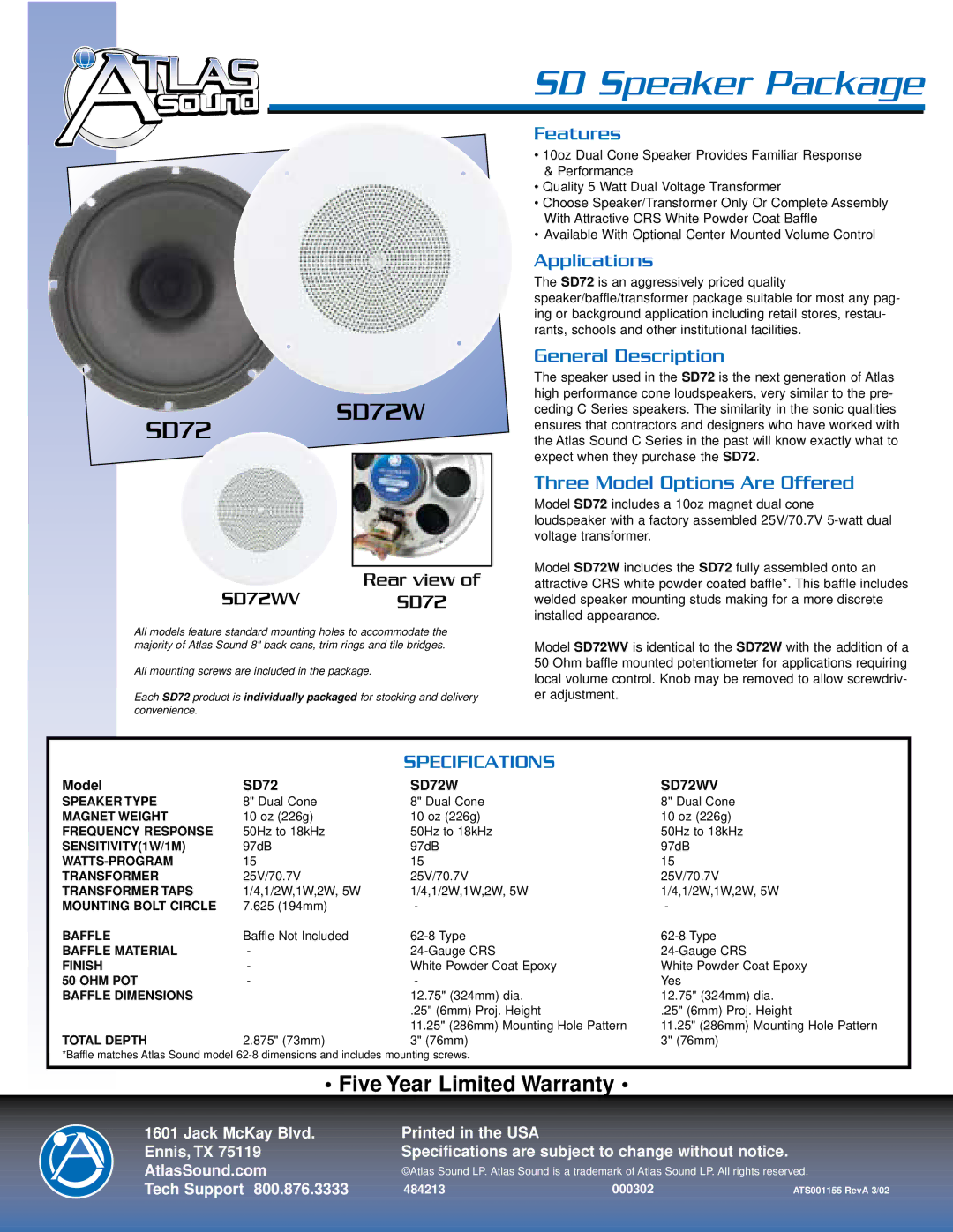 Atlas Sound SD72WV specifications SD Speaker Package, Features, Applications, General Description 