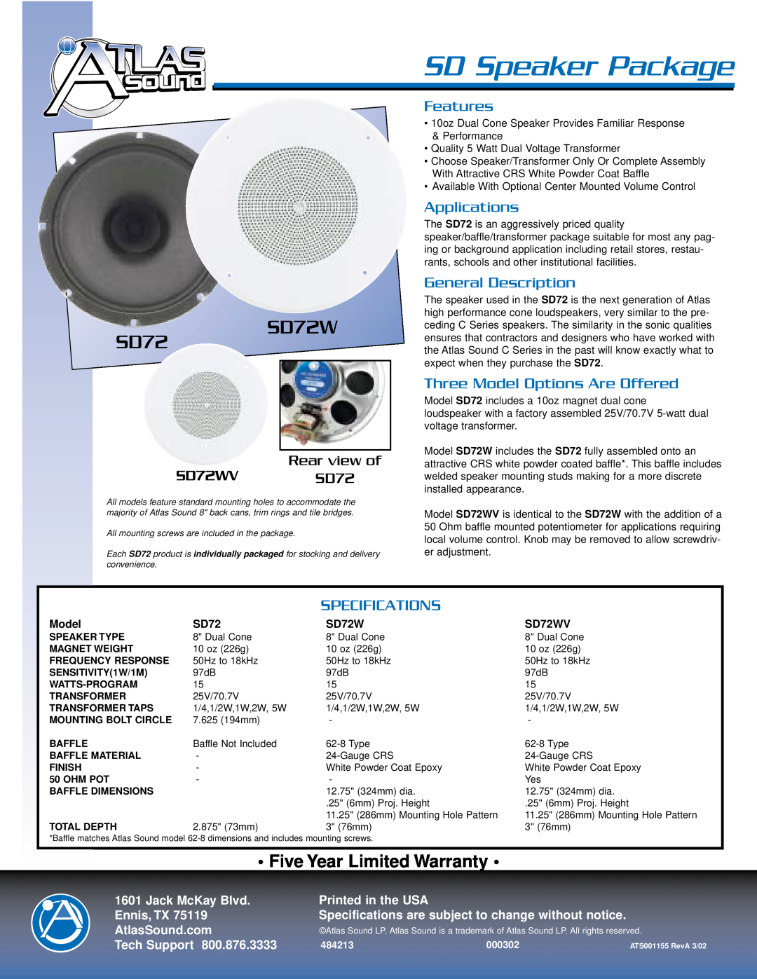 Atlas Sound specifications SD Speaker Package, SD72W SD72, Five Year Limited Warranty, Features, Applications, Model 