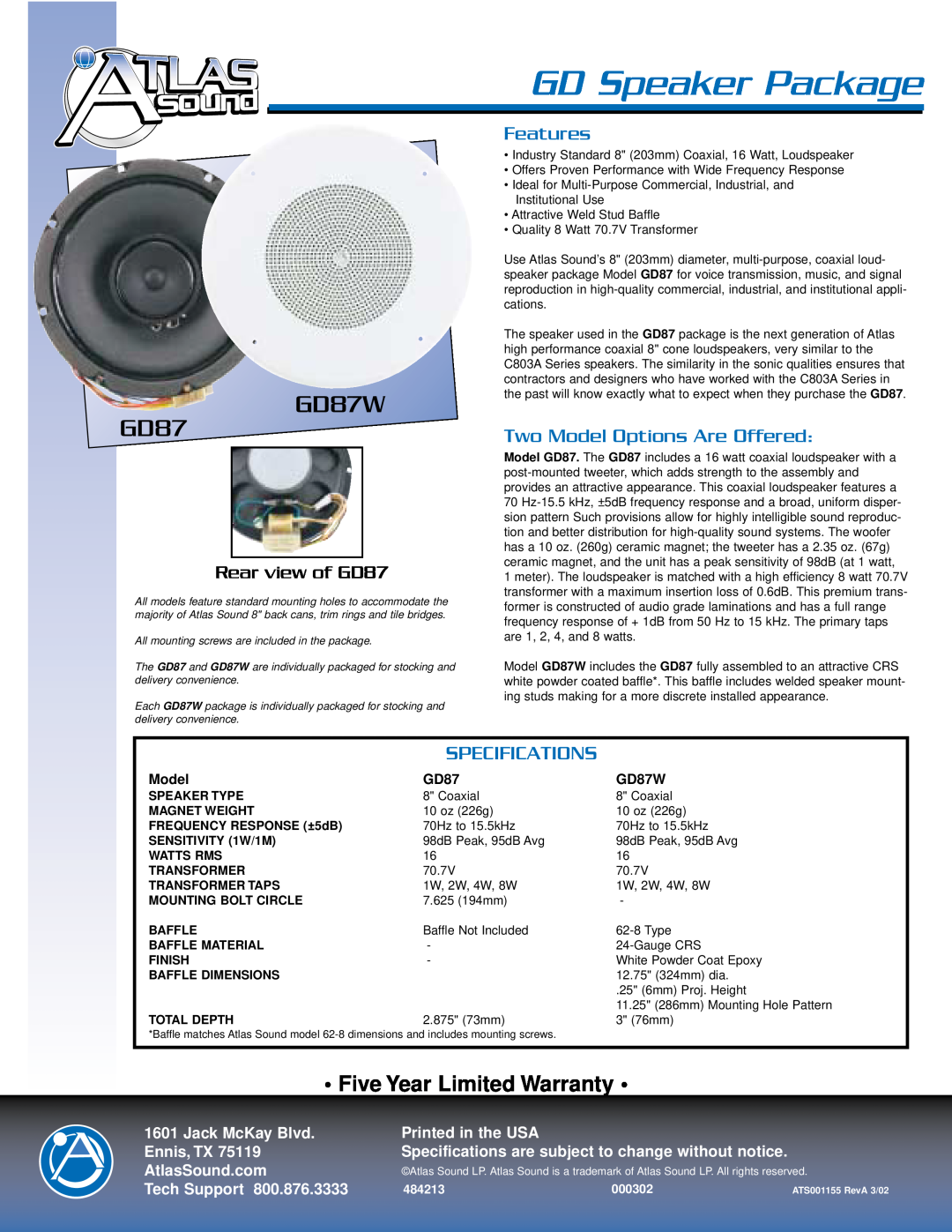Atlas Sound SD72WV GD Speaker Package, GD87W, Two Model Options Are Offered, Rear view of GD87, Five Year Limited Warranty 
