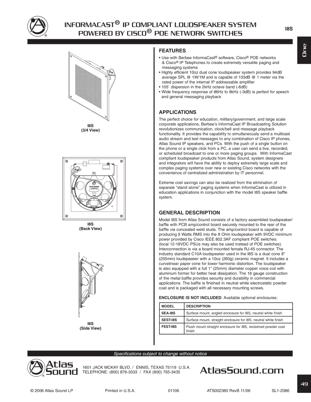 Atlas Sound FEST-IH, SEST-IH, SEA-18SC, SEST-18S, FEST-18S specifications AtlasSound.com, One 