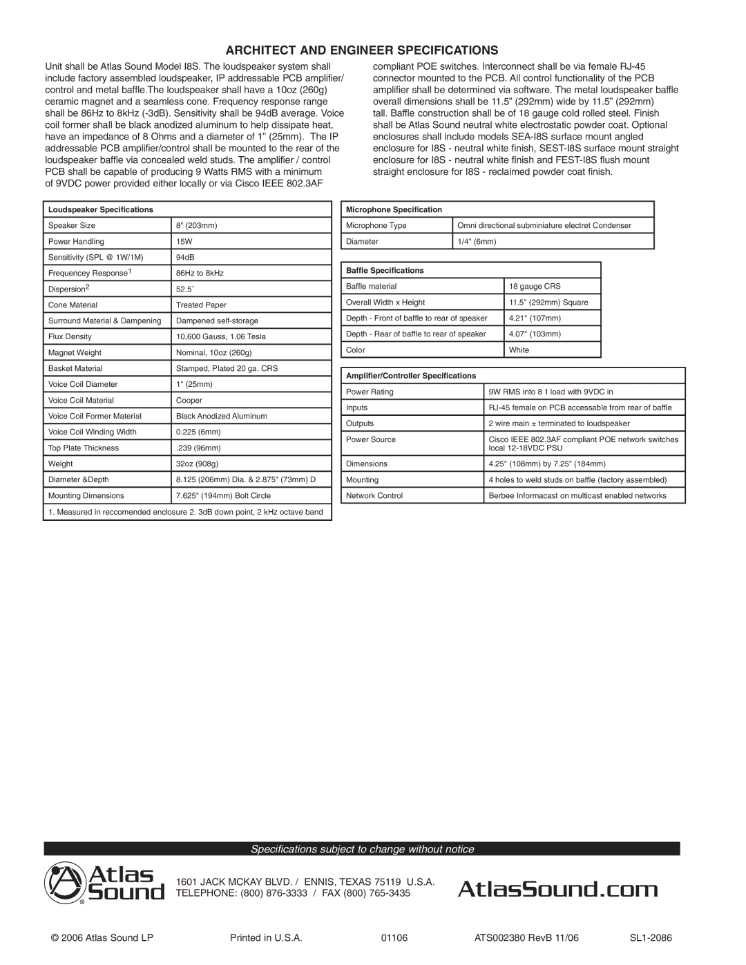 Atlas Sound SEA-18S, SEST-IH Architect and Engineer Specifications, Loudspeaker Speciﬁcations, Microphone Speciﬁcation 