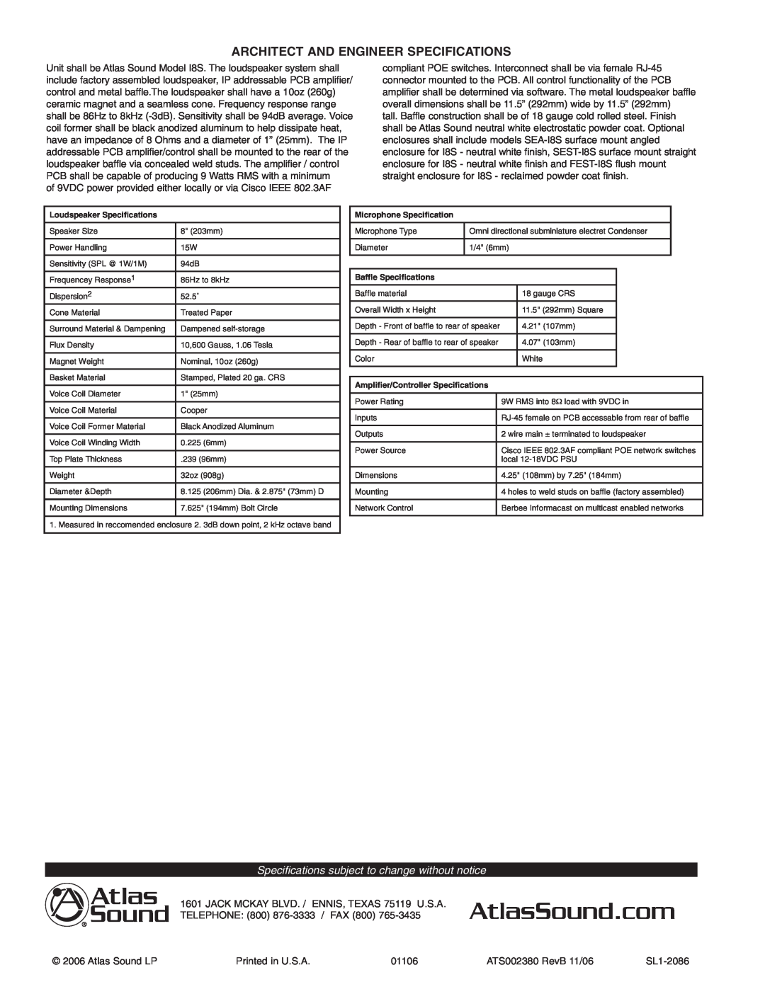 Atlas Sound SEA-18S Architect And Engineer Specifications, Specifications subject to change without notice, SL1-2086 