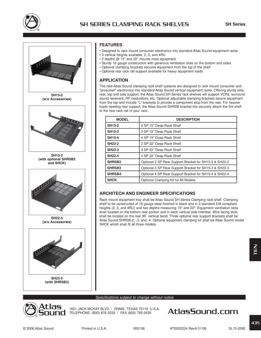 Atlas Sound specifications SH Series Clamping Rack Shelves, Ten, Features, Application 