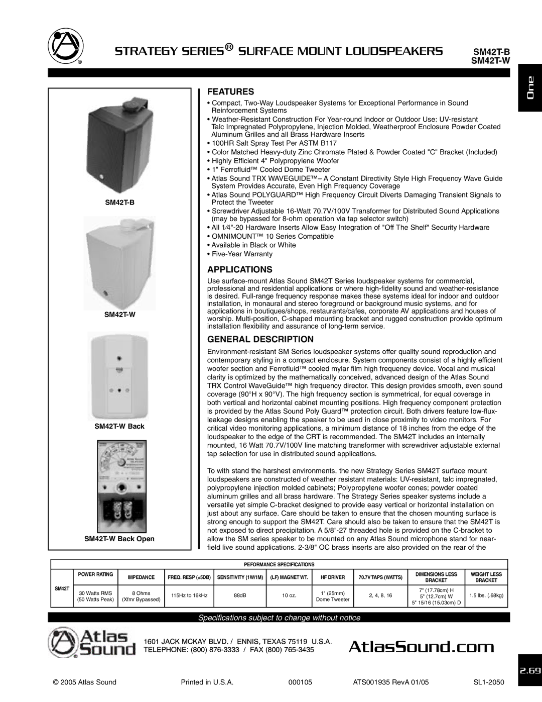 Atlas Sound SM42T-B, SM42T-W specifications Features, Applications, General Description 