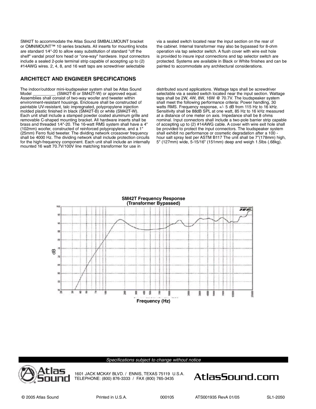 Atlas Sound SM42T-W, SM42T-B specifications Architect and Engineer Specifications 