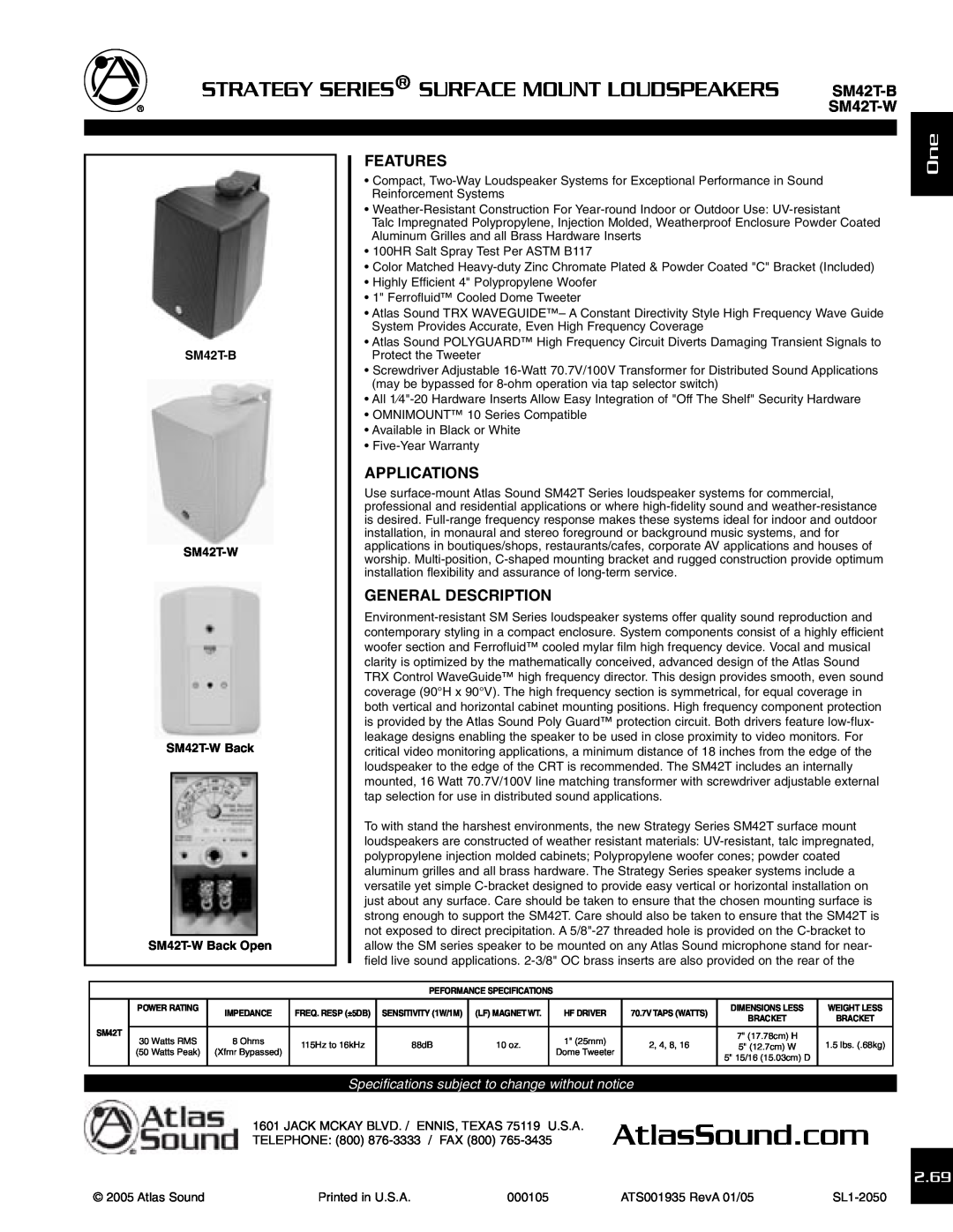 Atlas Sound SM42T-B specifications Features, Applications, General Description, 2.69, SM42T-W 