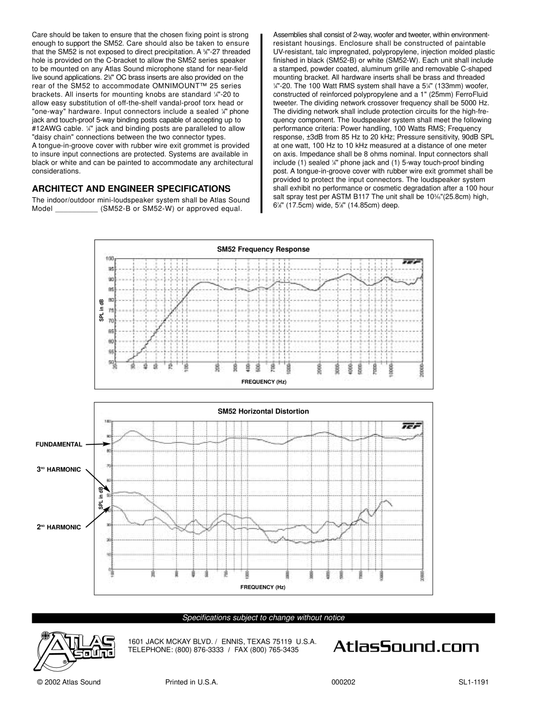 Atlas Sound SM52-W, SM52-B specifications Architect and Engineer Specifications 