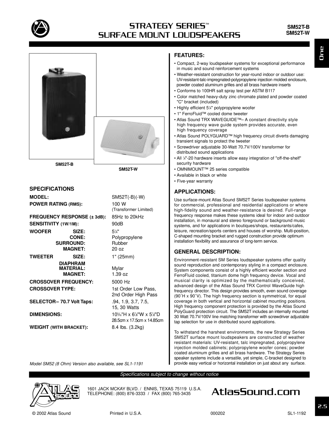 Atlas Sound SM52T-B, SM52T-W specifications Specifications, Features, Applications, General Description 