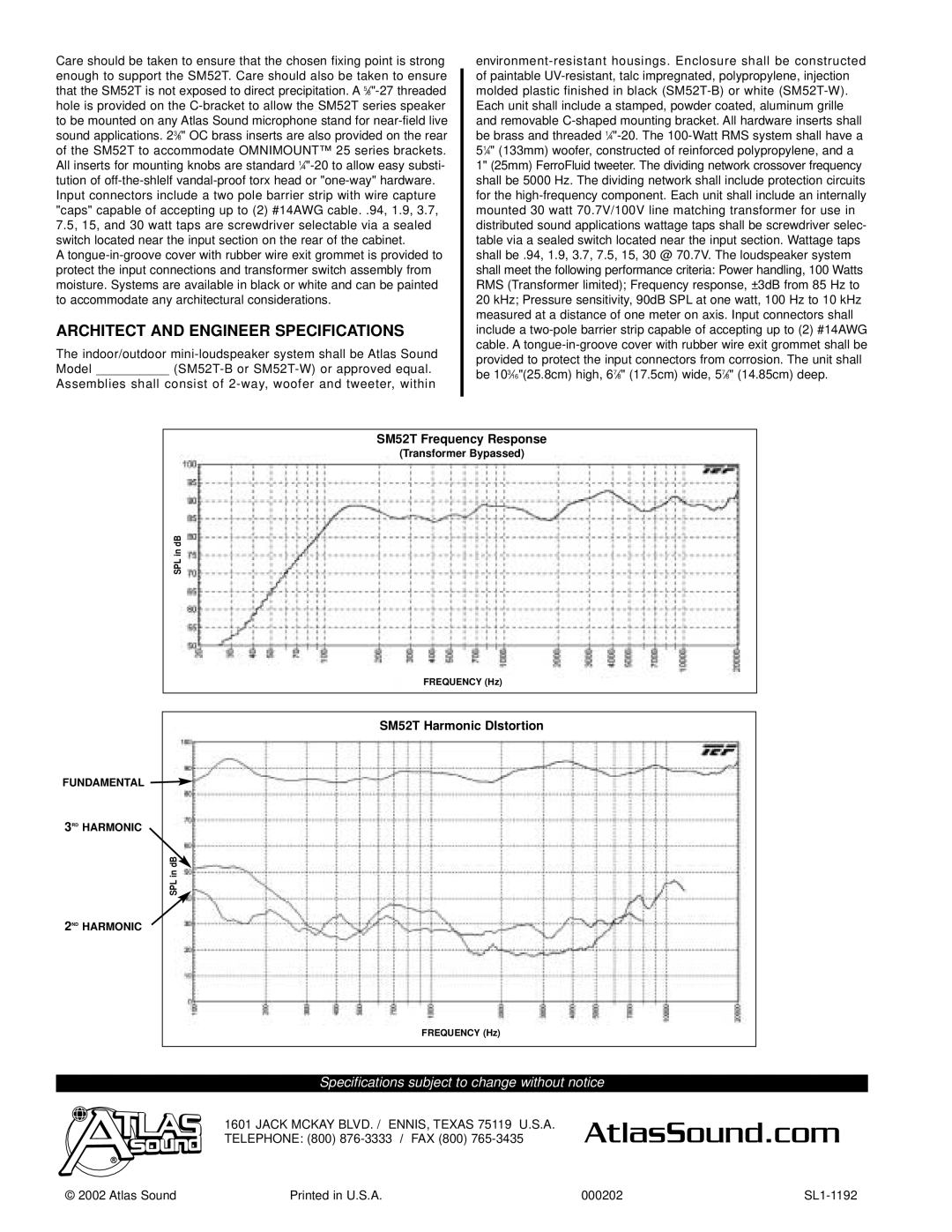 Atlas Sound SM52T-W, SM52T-B specifications Architect and Engineer Specifications 