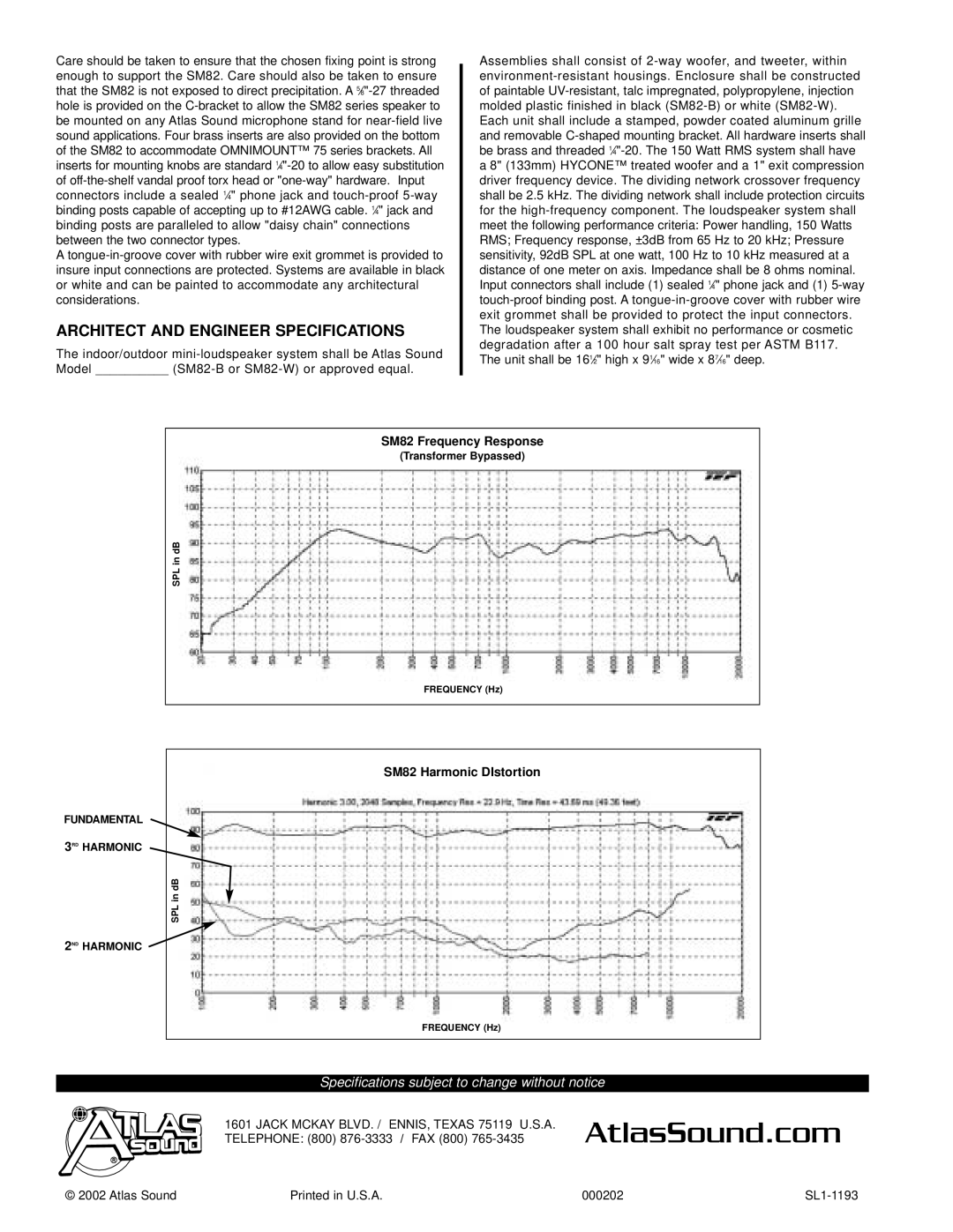 Atlas Sound SM82-W, SM82-B specifications Architect and Engineer Specifications 