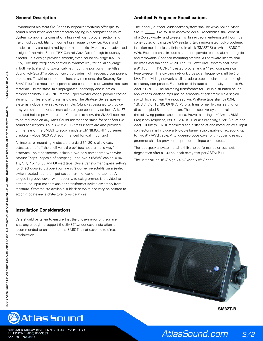 Atlas Sound General Description, Architect & Engineer Specifications, Installation Considerations, SM82T-B 