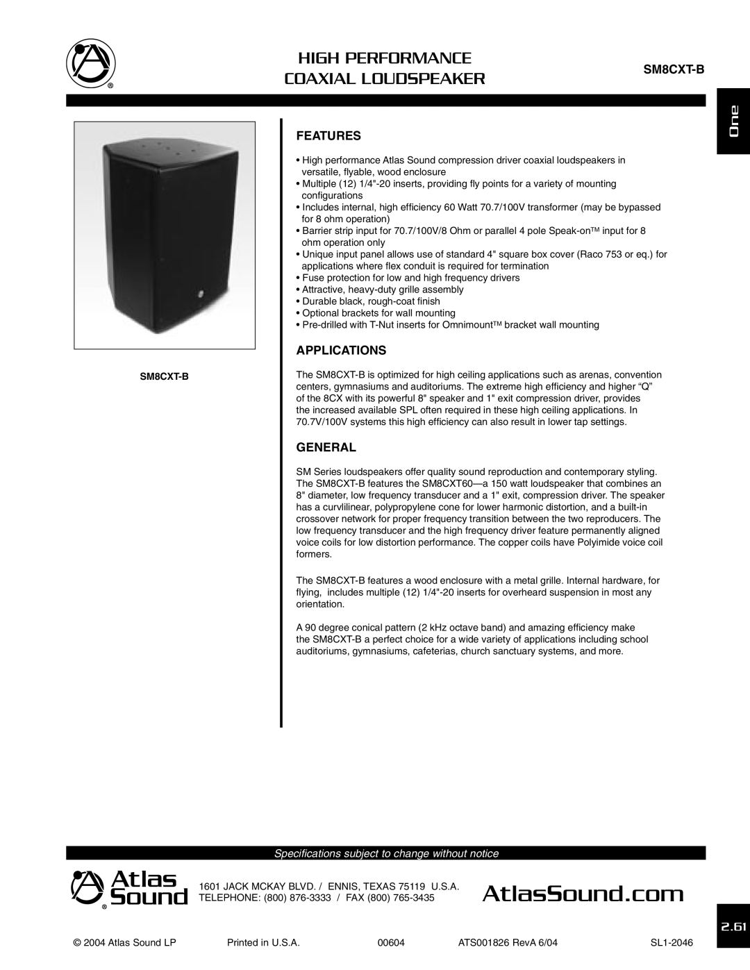 Atlas Sound SM8CXT-B specifications AtlasSound.com, High Performance, Coaxial Loudspeaker 