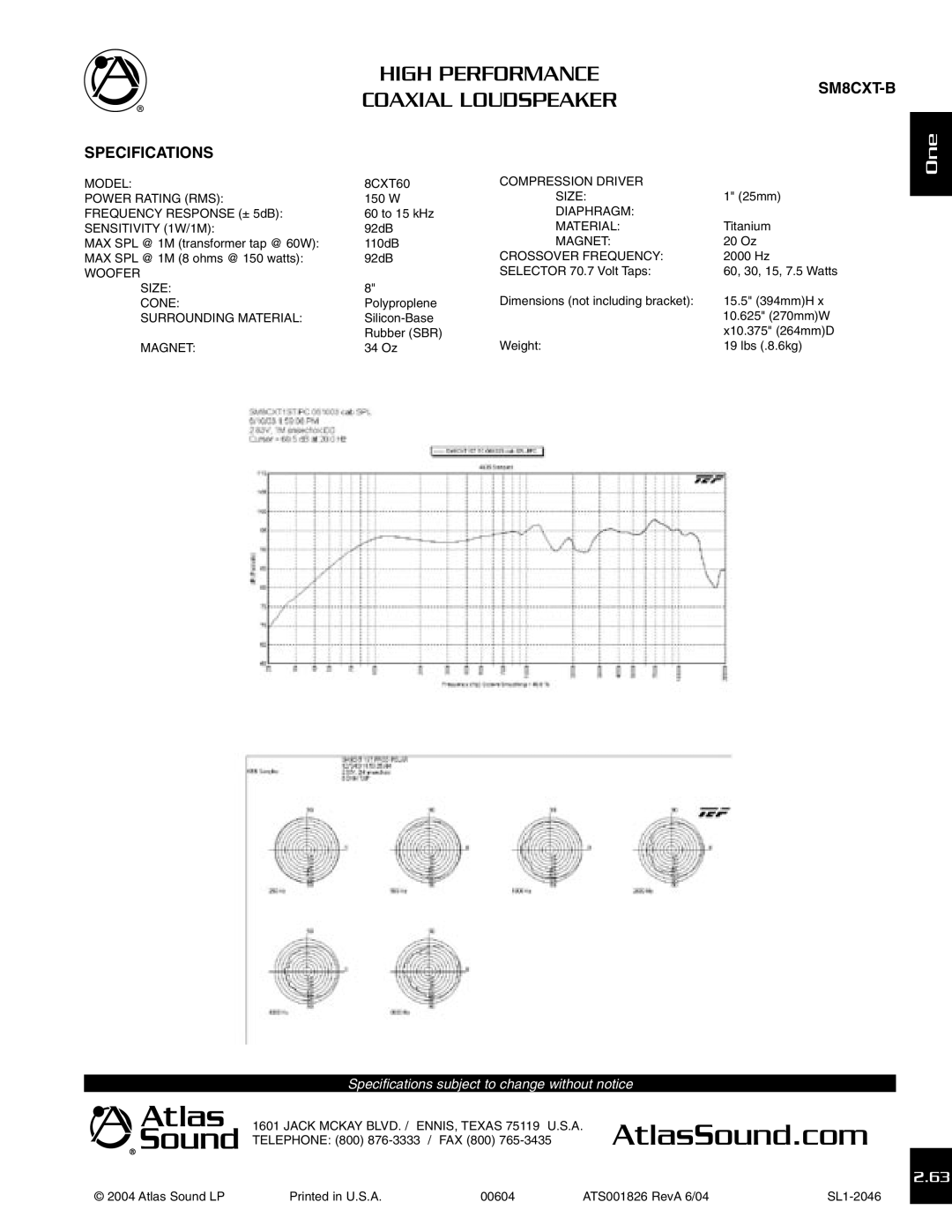 Atlas Sound SM8CXT-B specifications Specifications 