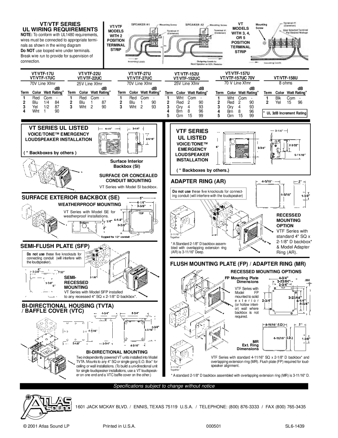 Atlas Sound Speaker VT/VTF Series UL Wiring Requirements, VT Series UL Listed, VTF Series UL Listed, SEMI-FLUSH Plate SFP 