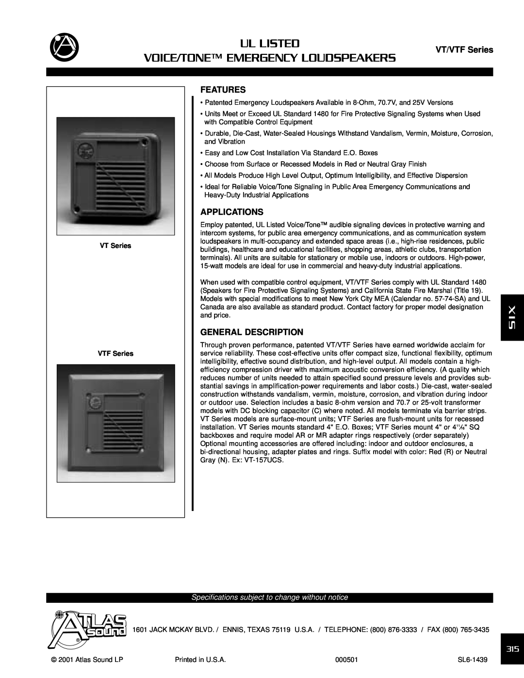 Atlas Sound Speaker specifications VT/VTF Series, Features, Applications, General Description, Ul Listed 