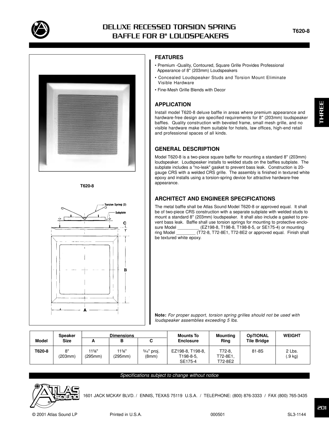 Atlas Sound T620-8 specifications Deluxe Recessed Torsion Spring Baffle for 8 Loudspeakers, Three 