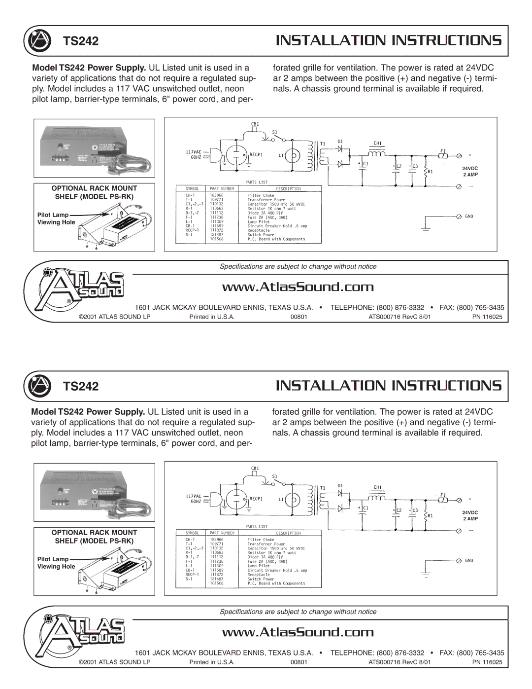 Atlas Sound TS242 installation instructions Installation Instructions, Optional Rack Mount Shelf Model PS-RK 