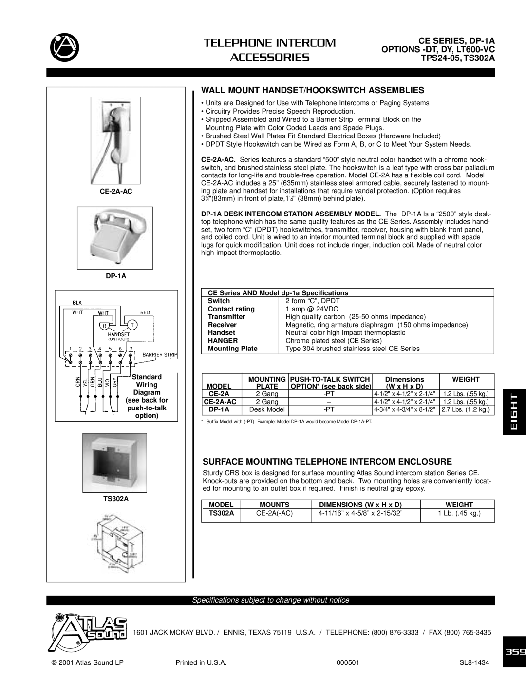 Atlas Sound LT 600-VC specifications CE SERIES, DP-1A Options -DT, DY, LT600-VC TPS24-05, TS302A 