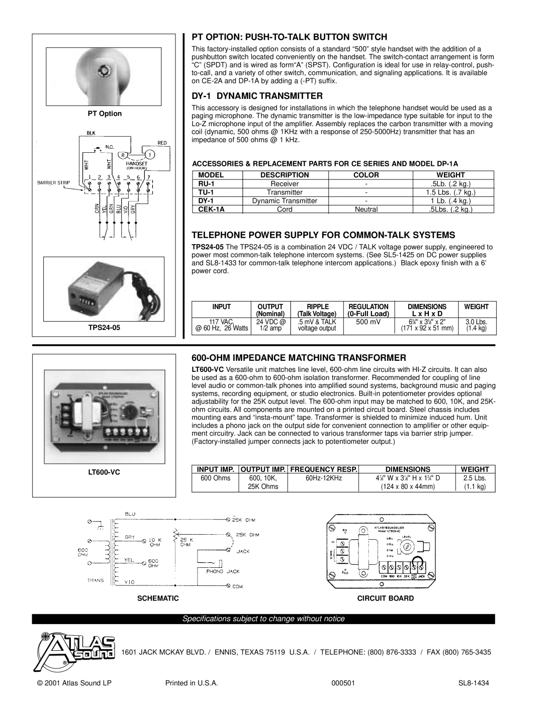 Atlas Sound DT, TS302A PT Option PUSH-TO-TALK Button Switch, DY-1 Dynamic Transmitter, OHM Impedance Matching Transformer 