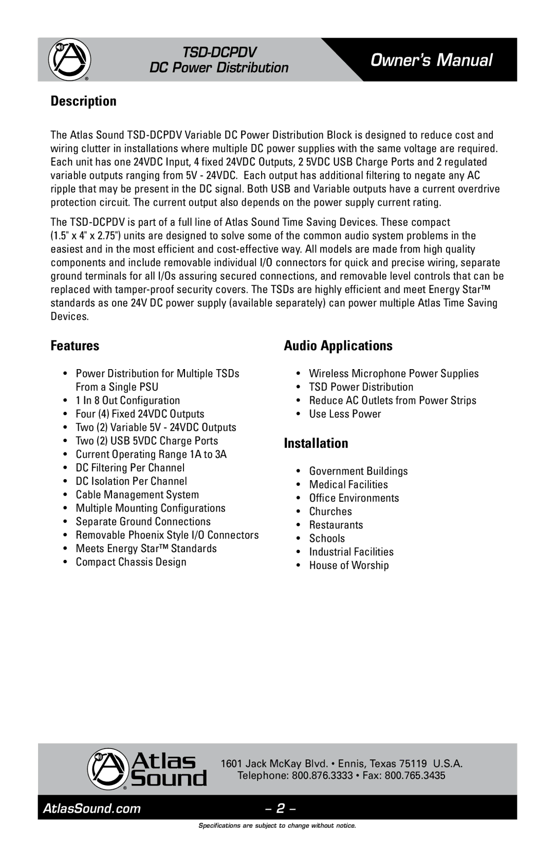 Atlas Sound TSD-DCPDV owner manual Description, Features, Audio Applications, Installation 