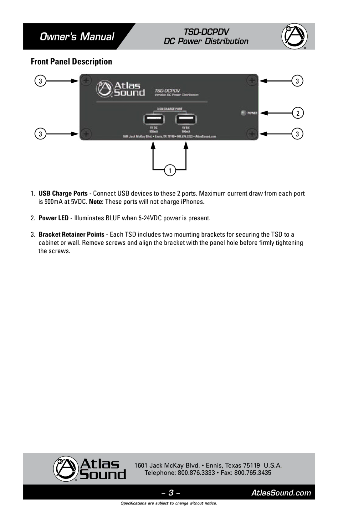 Atlas Sound TSD-DCPDV owner manual Front Panel Description 