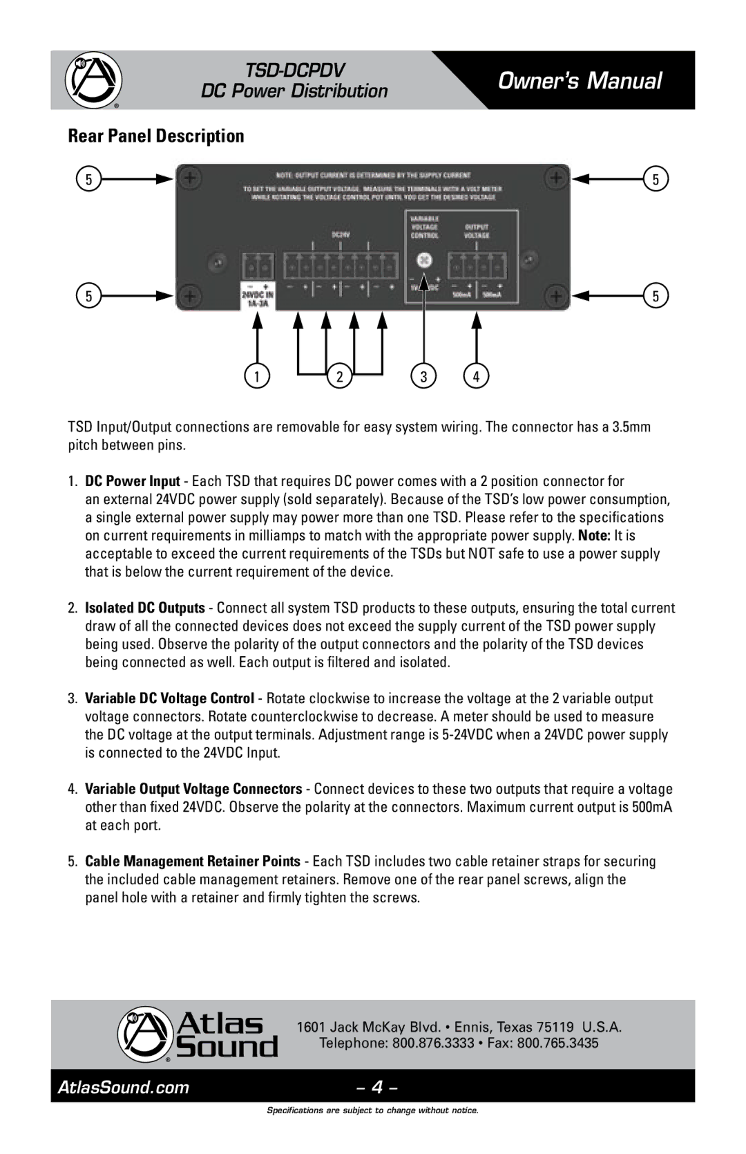 Atlas Sound TSD-DCPDV owner manual Rear Panel Description 