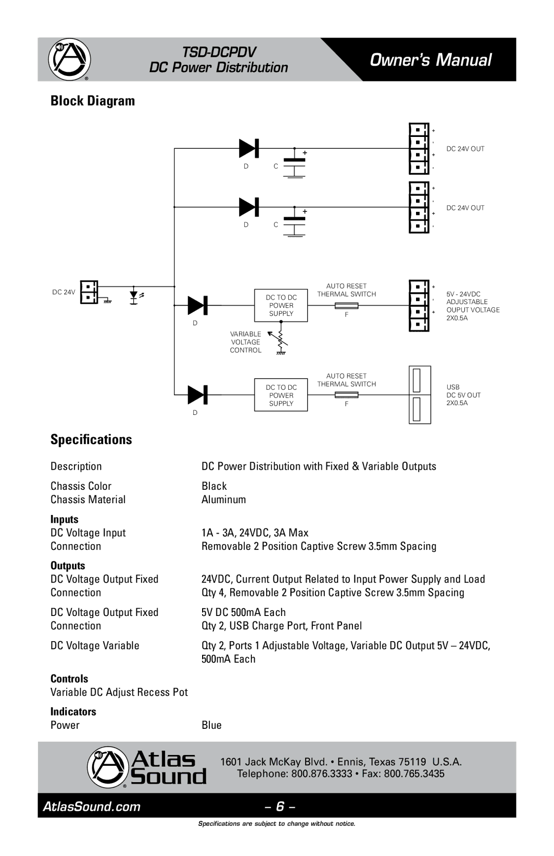 Atlas Sound TSD-DCPDV owner manual Block Diagram, Specifications 