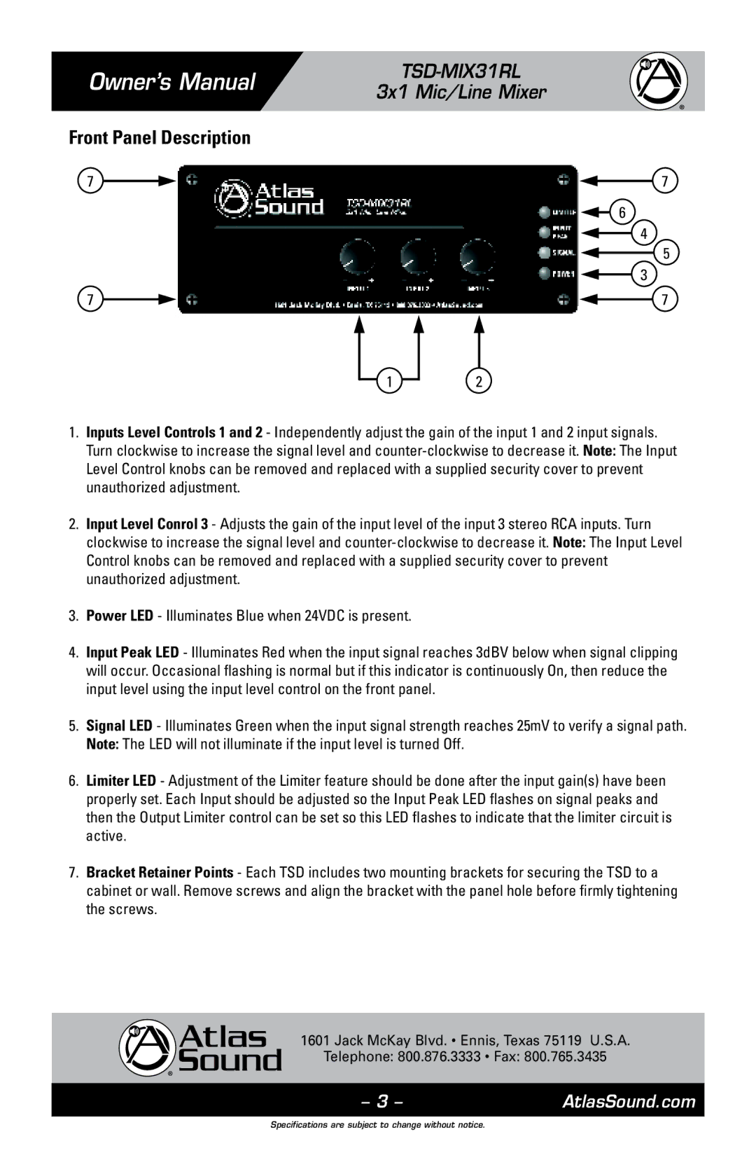 Atlas Sound TSD-MIX31RL owner manual Front Panel Description 