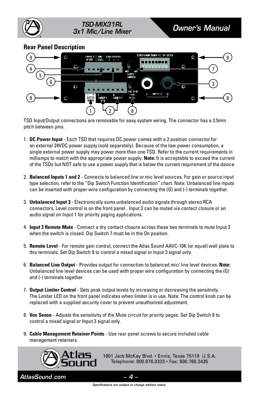 Atlas Sound TSD-MIX31RL owner manual Rear Panel Description 