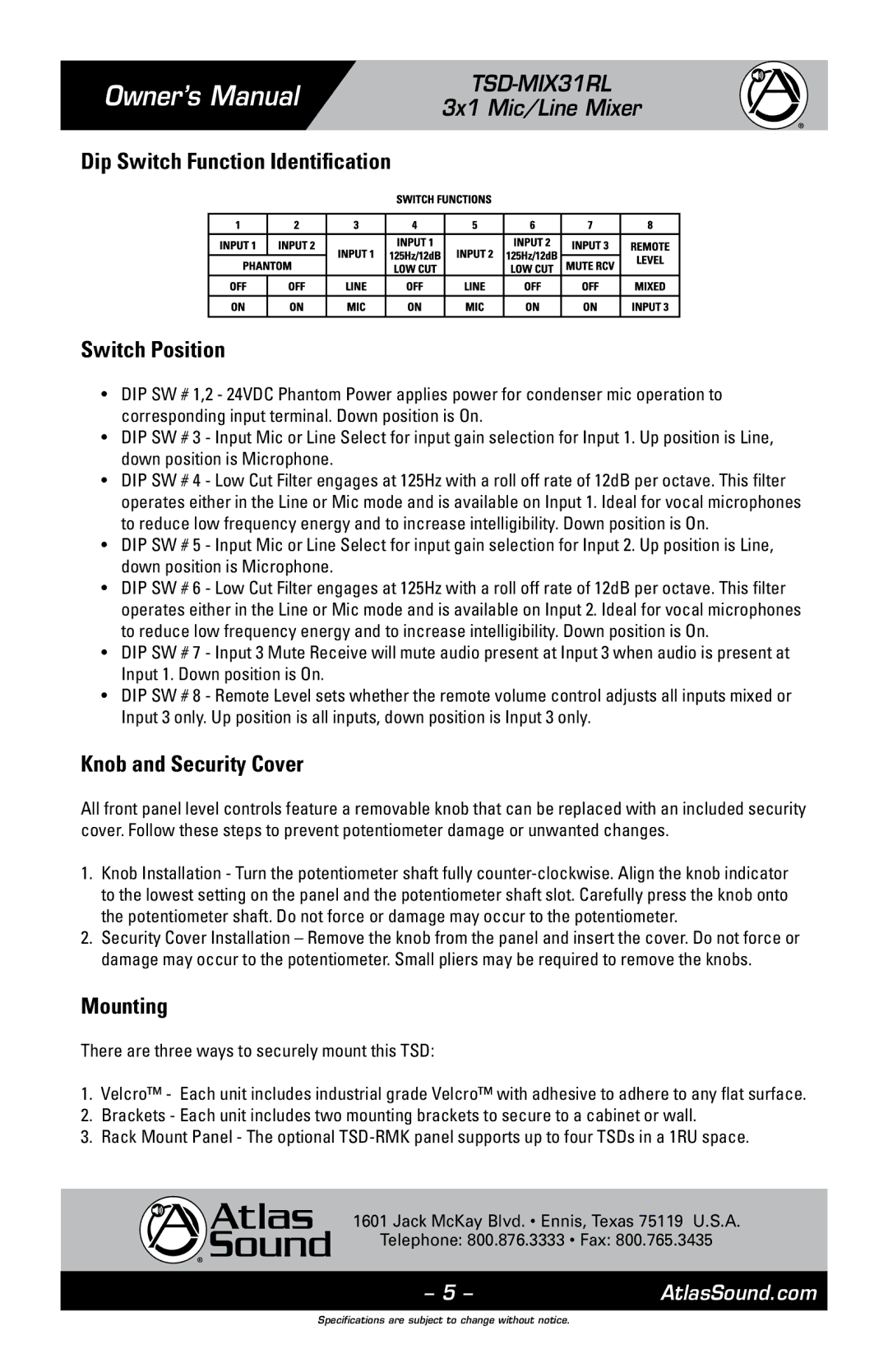 Atlas Sound TSD-MIX31RL owner manual Dip Switch Function Identification Switch Position, Knob and Security Cover, Mounting 