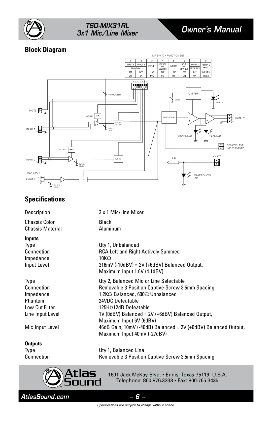 Atlas Sound TSD-MIX31RL owner manual Block Diagram, Specifications, Inputs, Maximum Input 40mV -27dBV, Outputs 