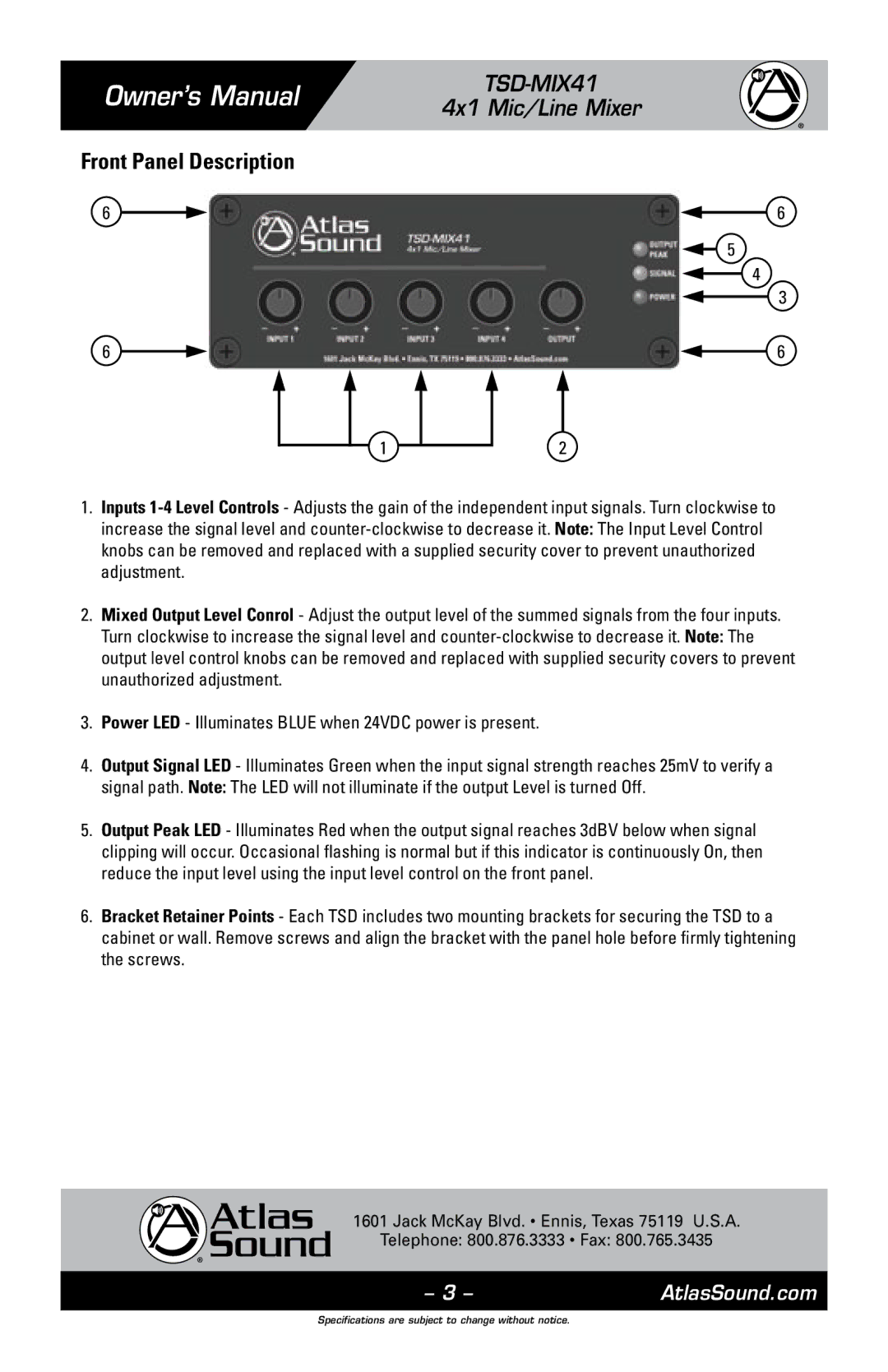 Atlas Sound TSD-MIX41 owner manual Front Panel Description 