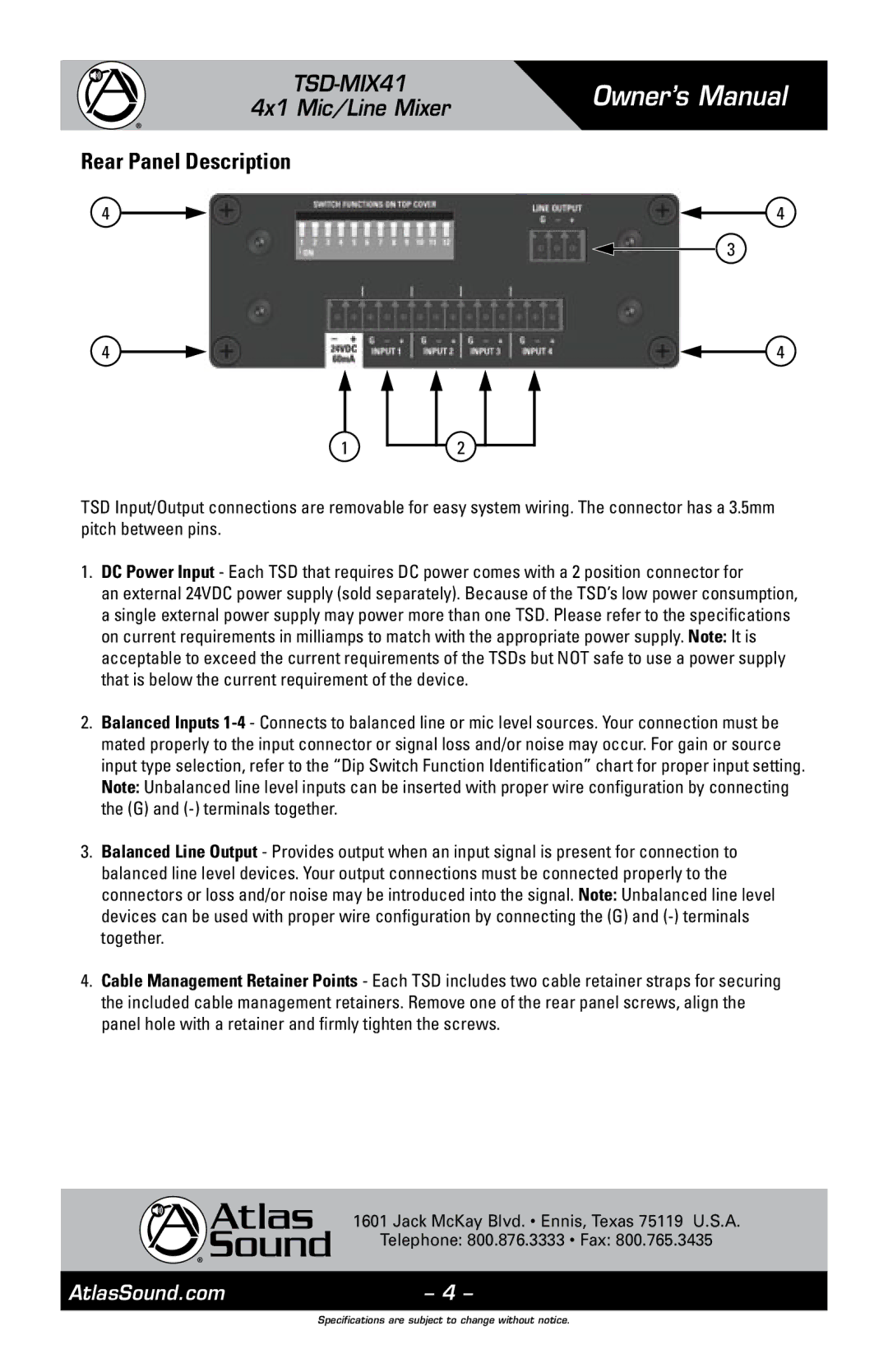 Atlas Sound TSD-MIX41 owner manual Rear Panel Description 