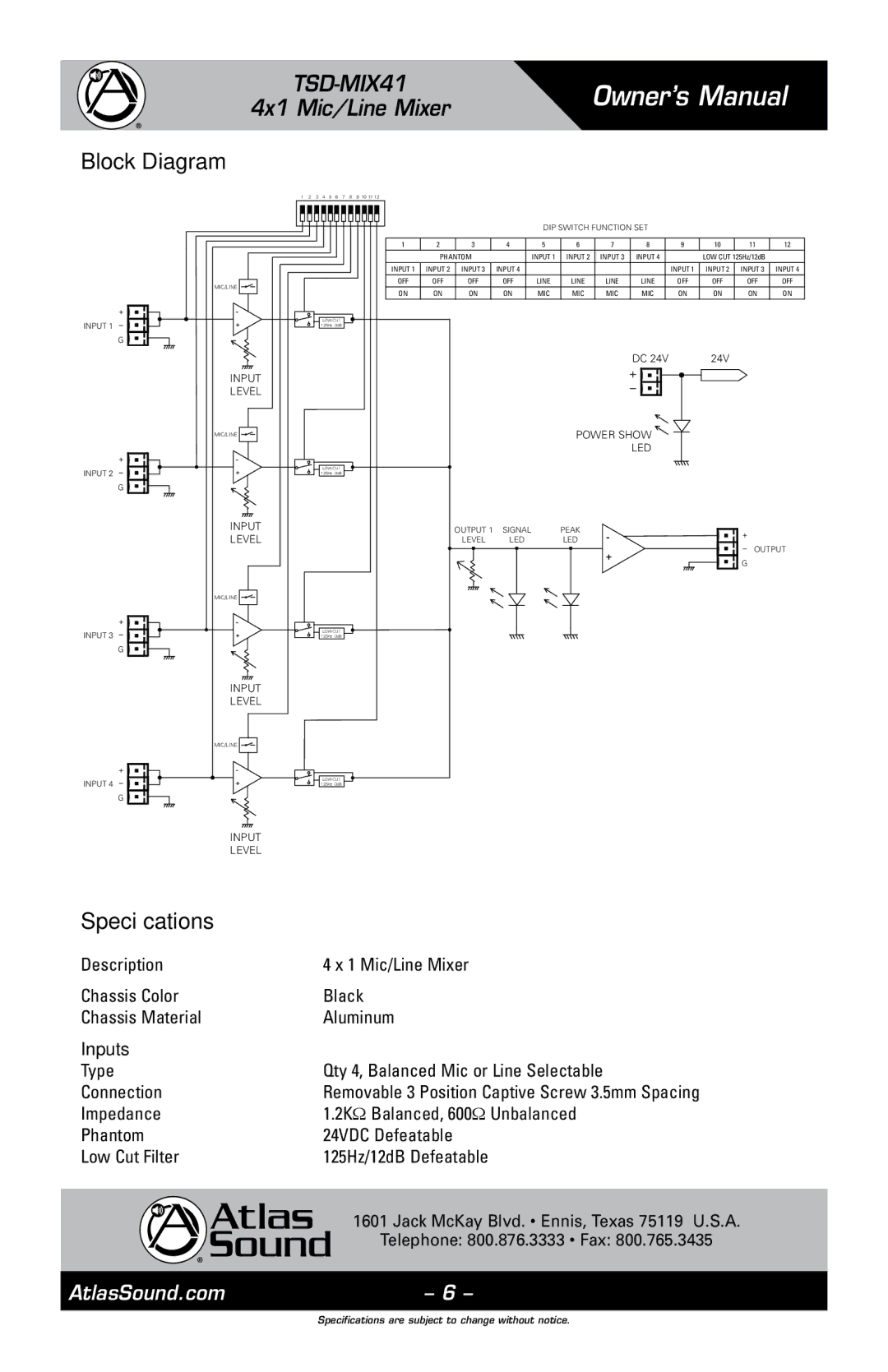 Atlas Sound TSD-MIX41 owner manual Block Diagram, Specifications, Inputs 