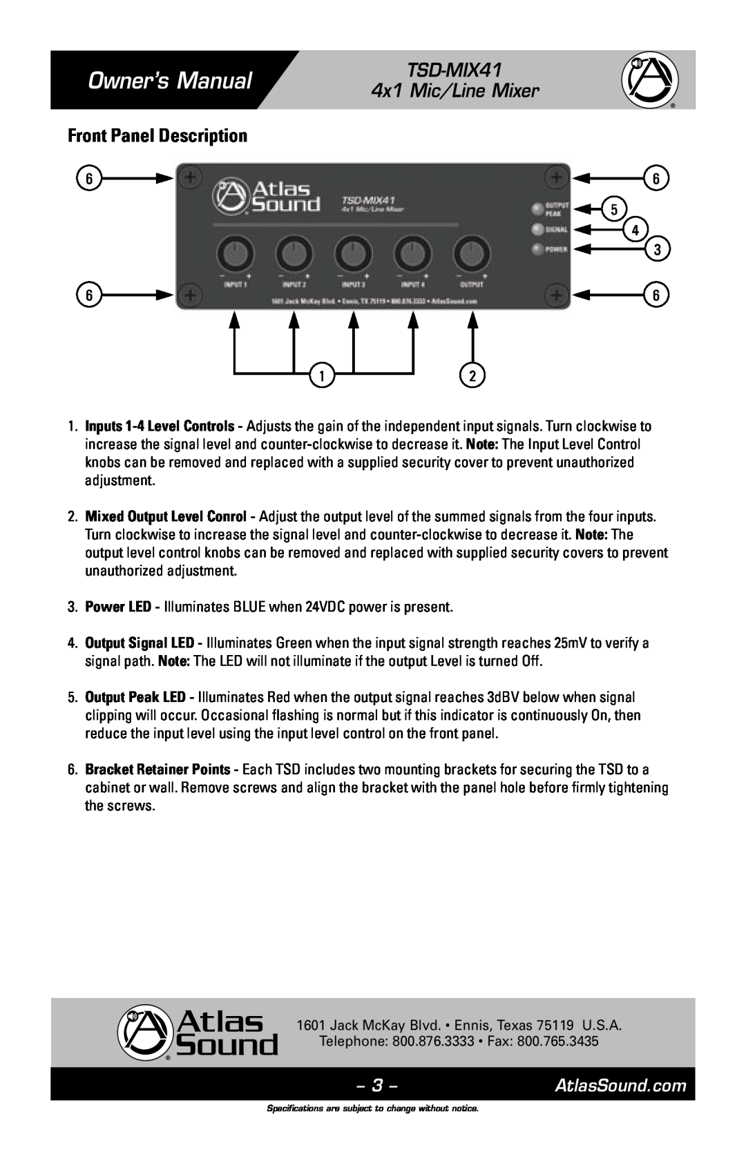 Atlas Sound owner manual Front Panel Description, Owner’s Manual, TSD-MIX41 4x1 Mic/Line Mixer, AtlasSound.com 