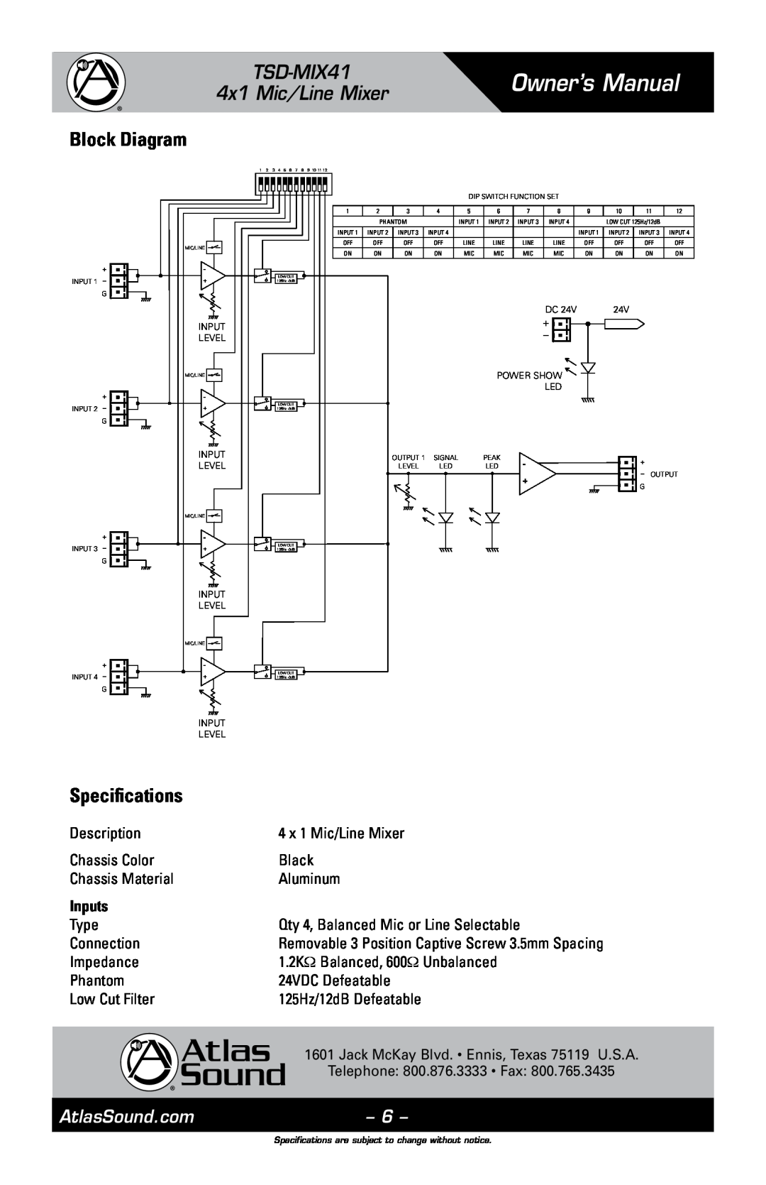 Atlas Sound Block Diagram, Specifications, Inputs, Owner’s Manual, TSD-MIX41 4x1 Mic/Line Mixer, AtlasSound.com 