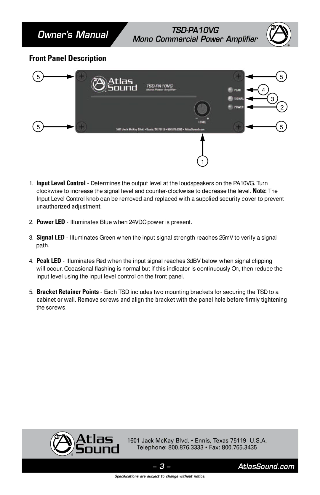 Atlas Sound TSD-PA10VG owner manual Front Panel Description 