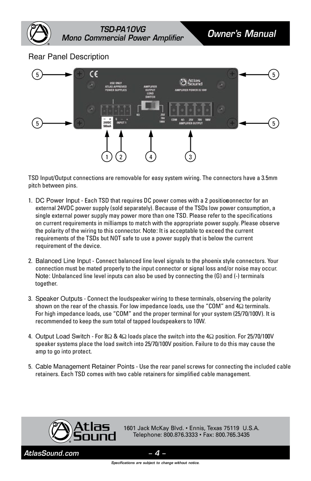 Atlas Sound TSD-PA10VG owner manual Rear Panel Description 