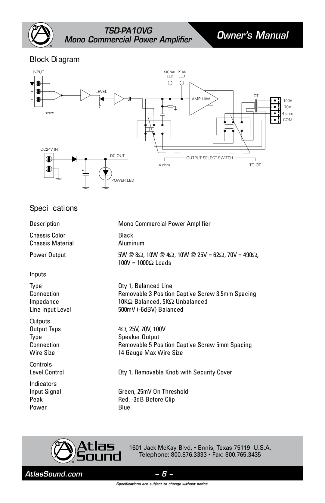 Atlas Sound TSD-PA10VG owner manual Block Diagram, Specifications 