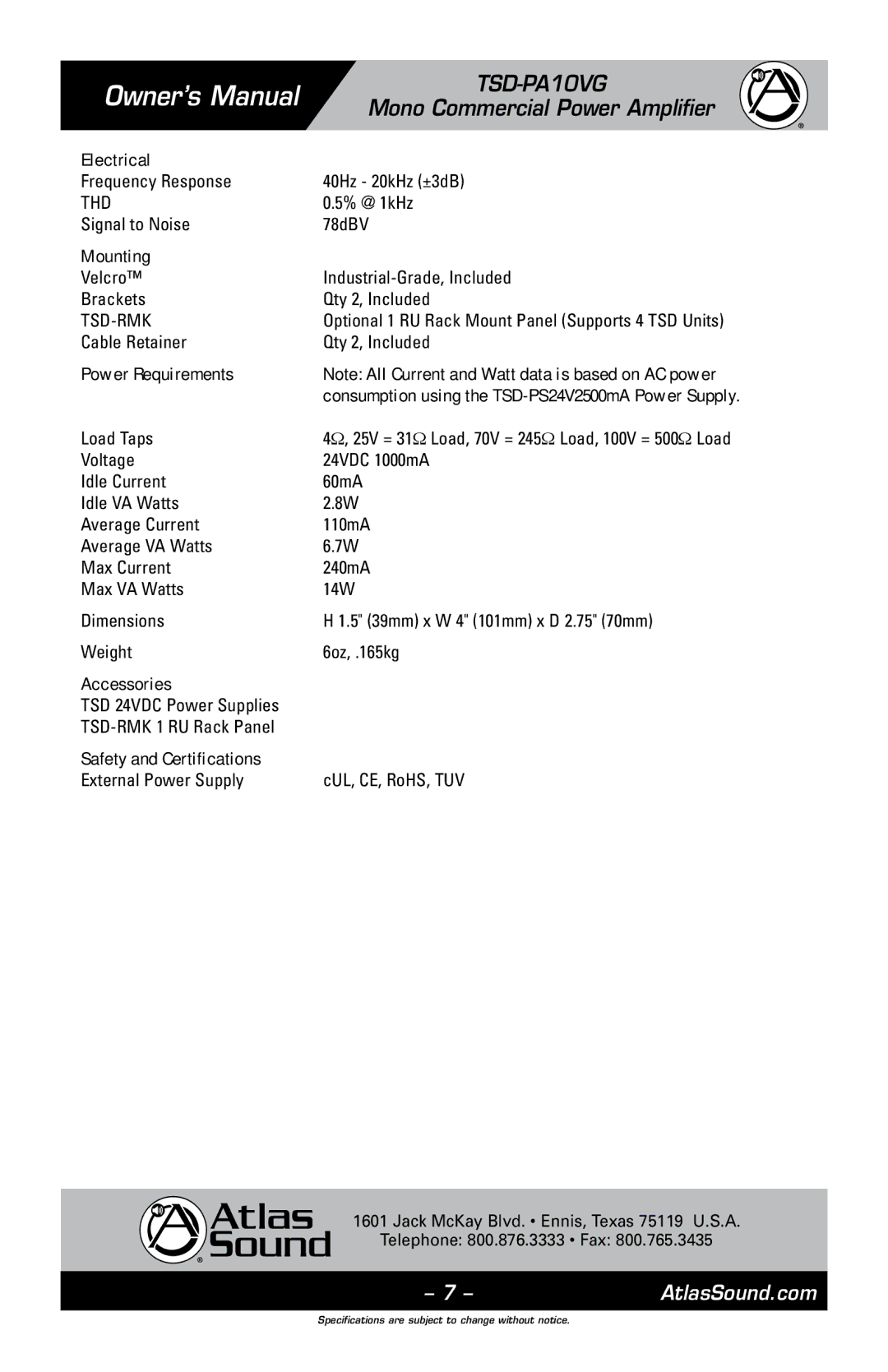 Atlas Sound TSD-PA10VG owner manual Electrical, Mounting, Power Requirements, Accessories, Safety and Certifications 