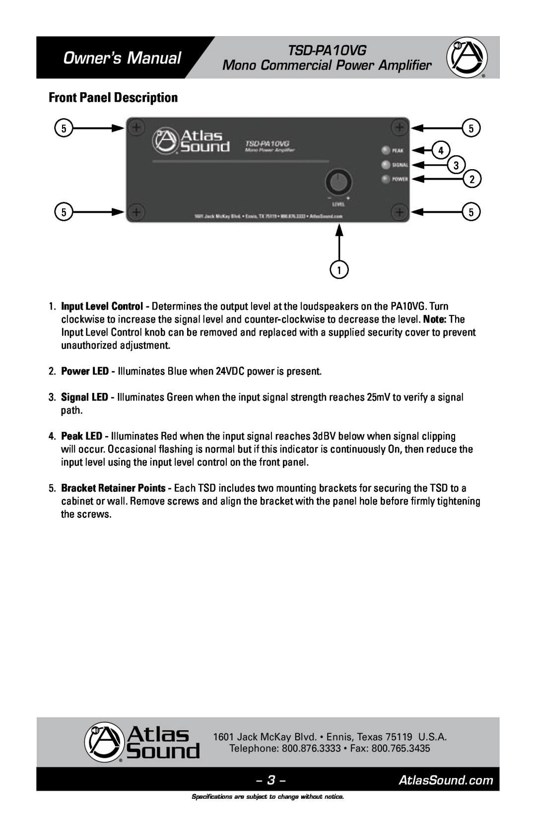 Atlas Sound owner manual Front Panel Description, TSD-PA10VG Mono Commercial Power Amplifier 