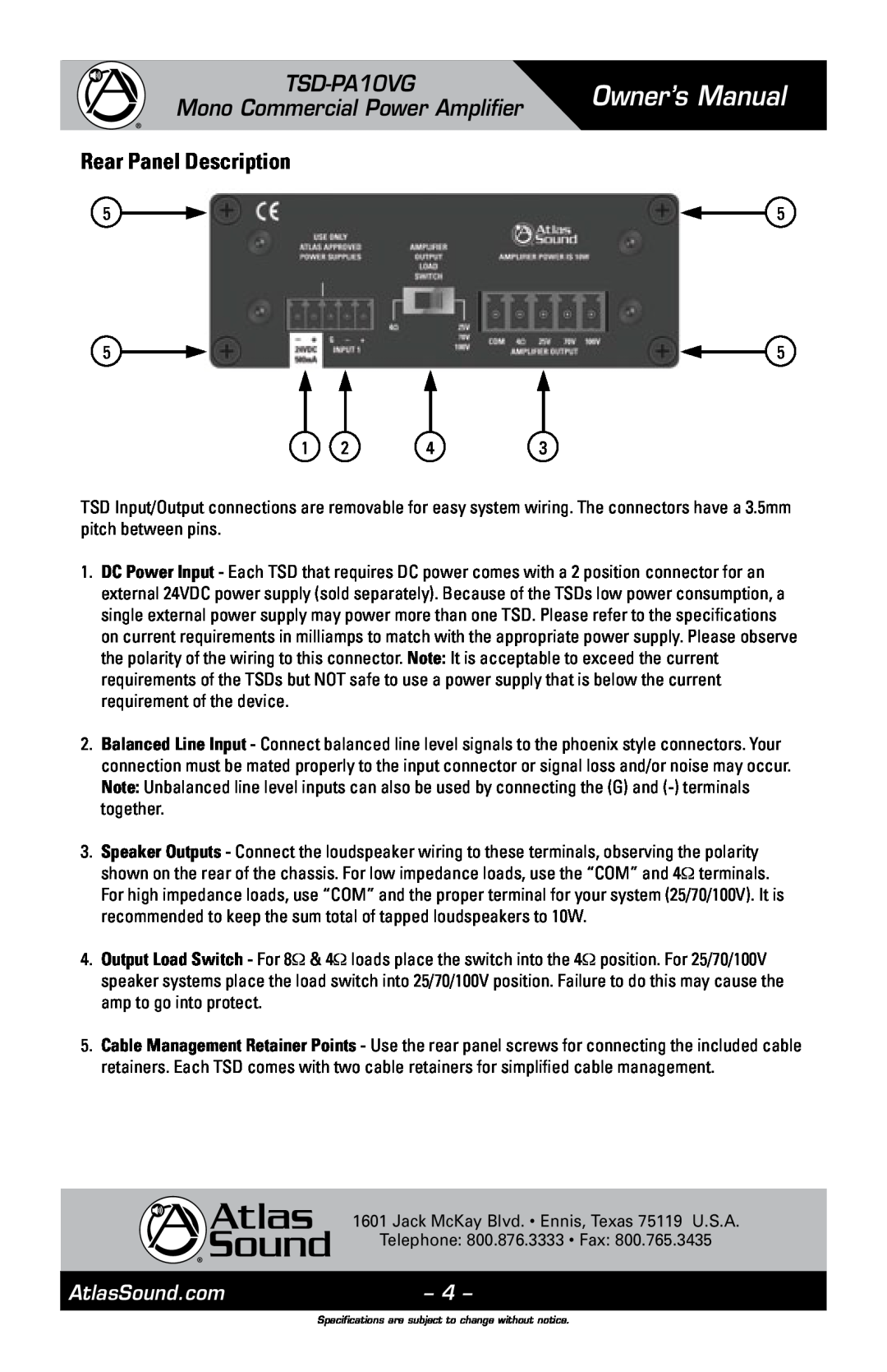Atlas Sound owner manual Rear Panel Description, TSD-PA10VG Mono Commercial Power Amplifier 