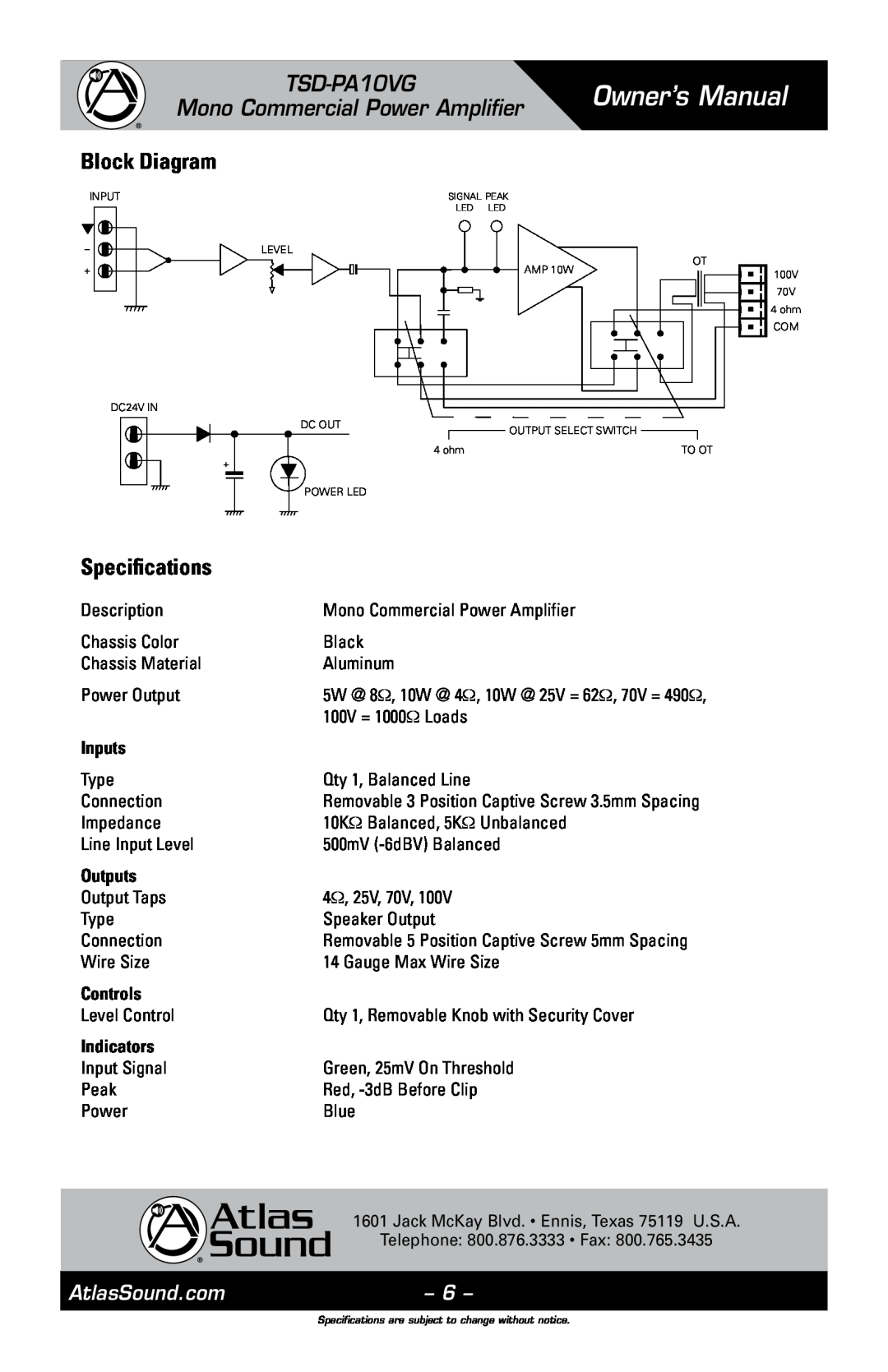 Atlas Sound TSD-PA10VG owner manual Block Diagram, Specifications, Inputs, Outputs, Controls, Indicators 