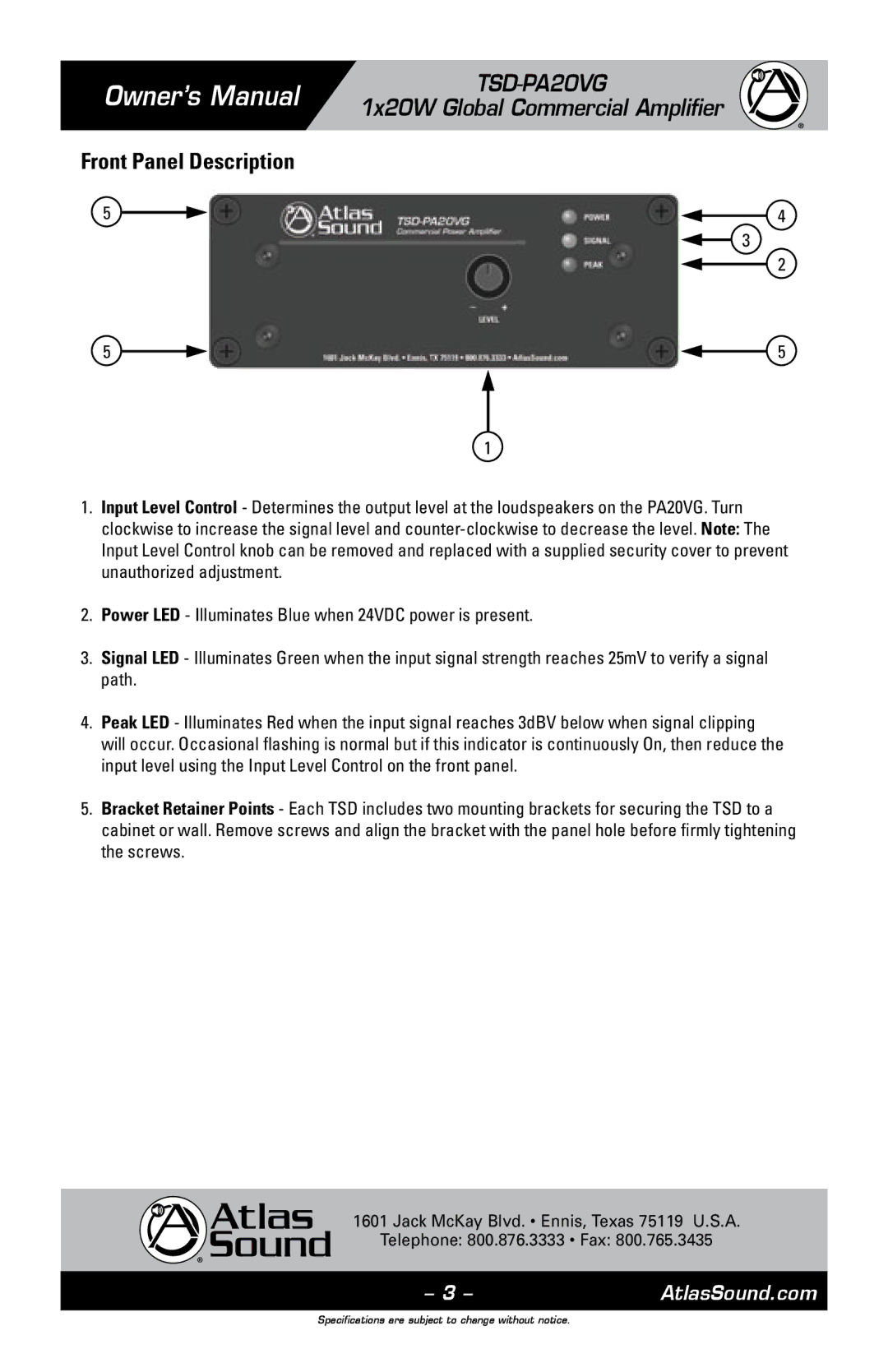 Atlas Sound TSD-PA20VG owner manual Front Panel Description 